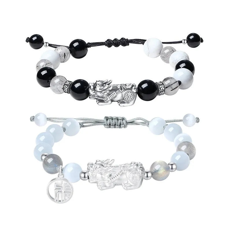 Sterling silver hand-woven bracelet with animal tassels and couple certificate in national fashion style