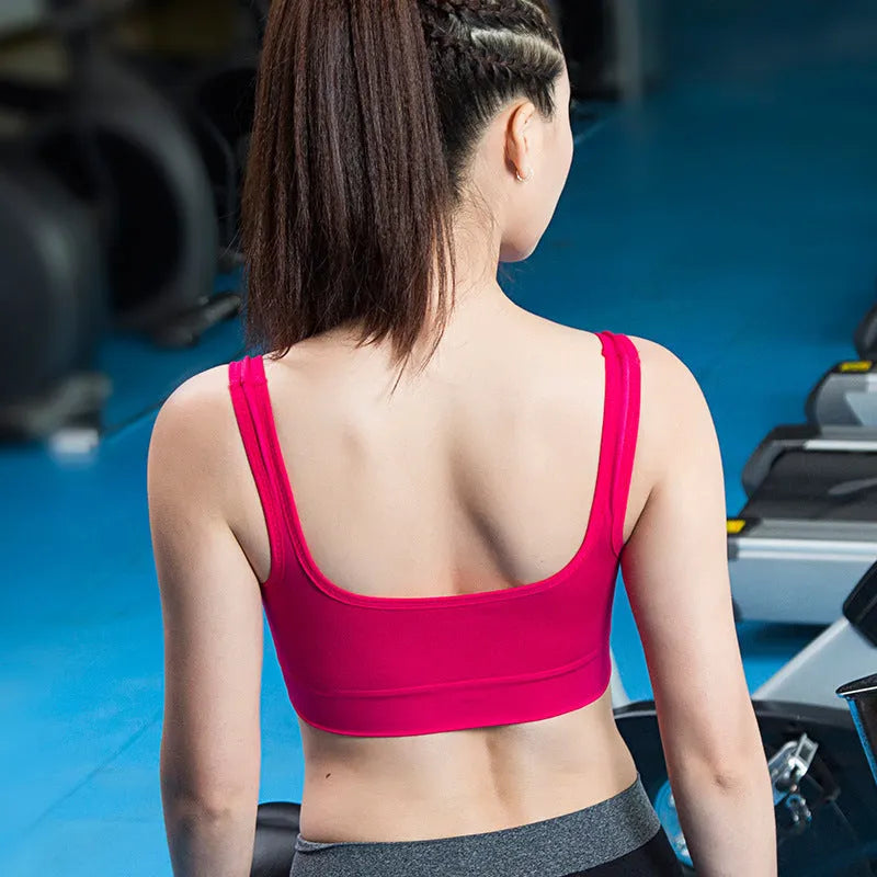 Women's reinforced shockproof sports bra with fixed double shoulder straps in pink colour