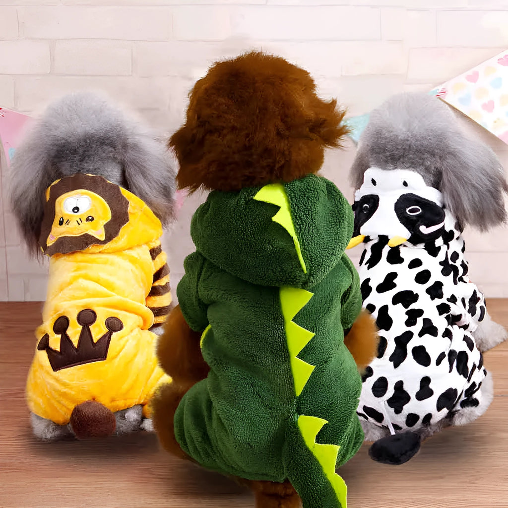 Dog wearing a coral fleece four-legged costume in cartoon animal style, available in sizes XS to 2XL
