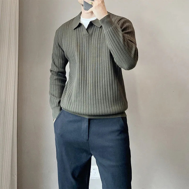 Man wearing a loose striped lapel knitted sweater in light grey, showing rabbit fur and modal blend fabric.