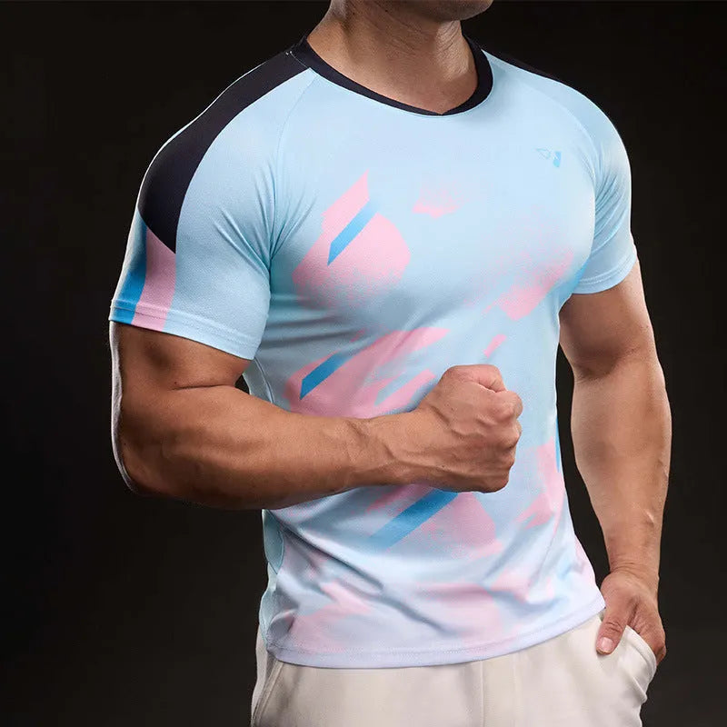Men's ice silk quick-drying running T-shirt in blue, short sleeve pullover polyester sports top for summer fitness