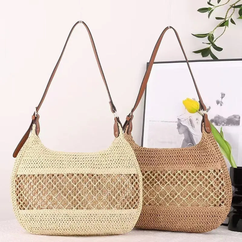 Women's straw cross body bag in khaki colour with horizontal square shape and cross body strap