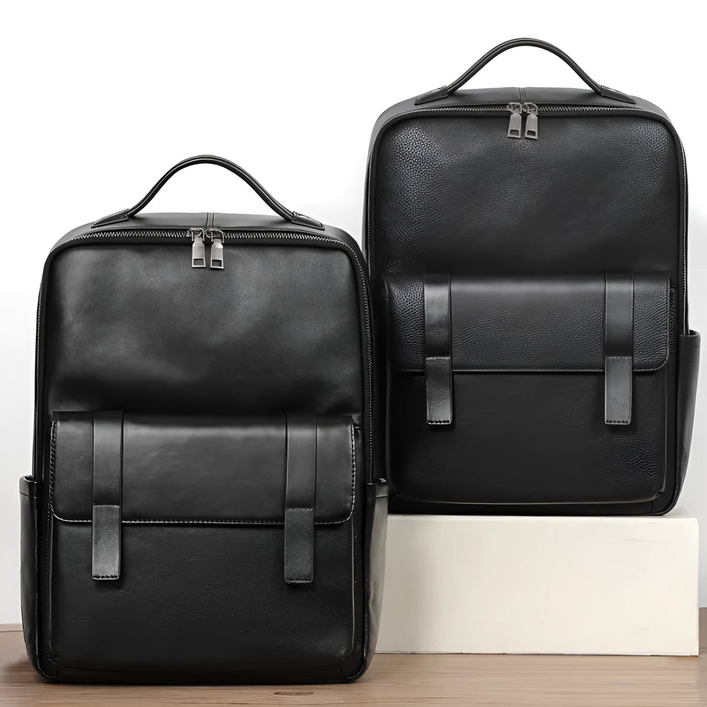 Black genuine leather computer backpack with 36-55 litre capacity and physiological curve back plate