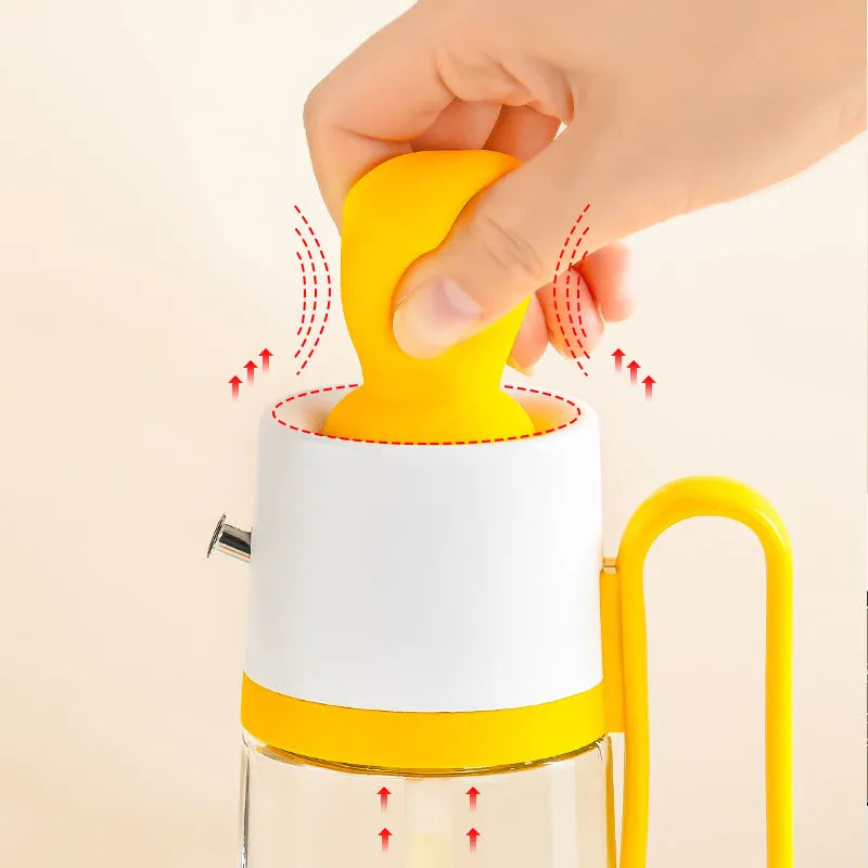 2 in 1 oil dispenser with silicone brush on wooden table against dark background