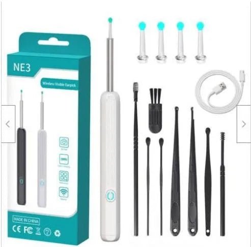 NE3 wireless otoscope ear cleaner with camera, LED light, and smartphone display showing ear canal view