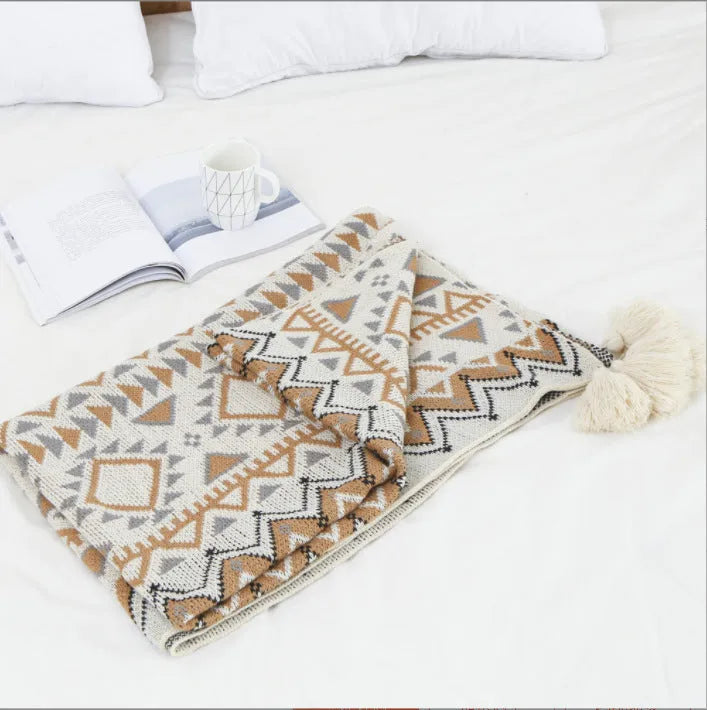Bohemian acrylic sofa cover blanket with tassels in geometric pattern colours