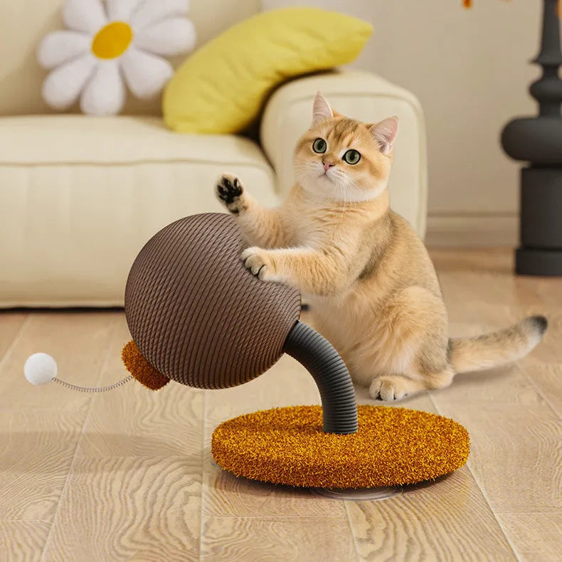Angled cat scratch board with woven hemp rope surface and a separate round cat toy ball