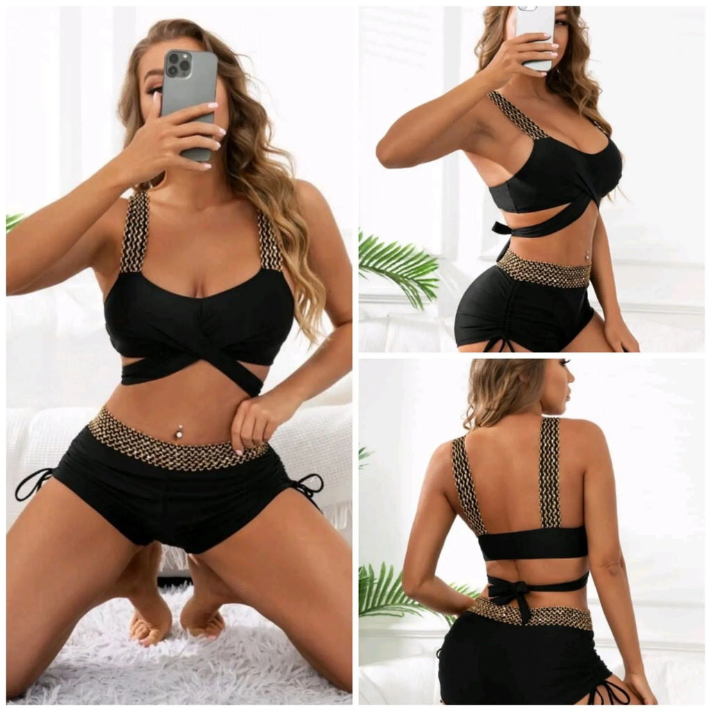 Women's black high waist bikini set with nylon bra top and high waist shorts