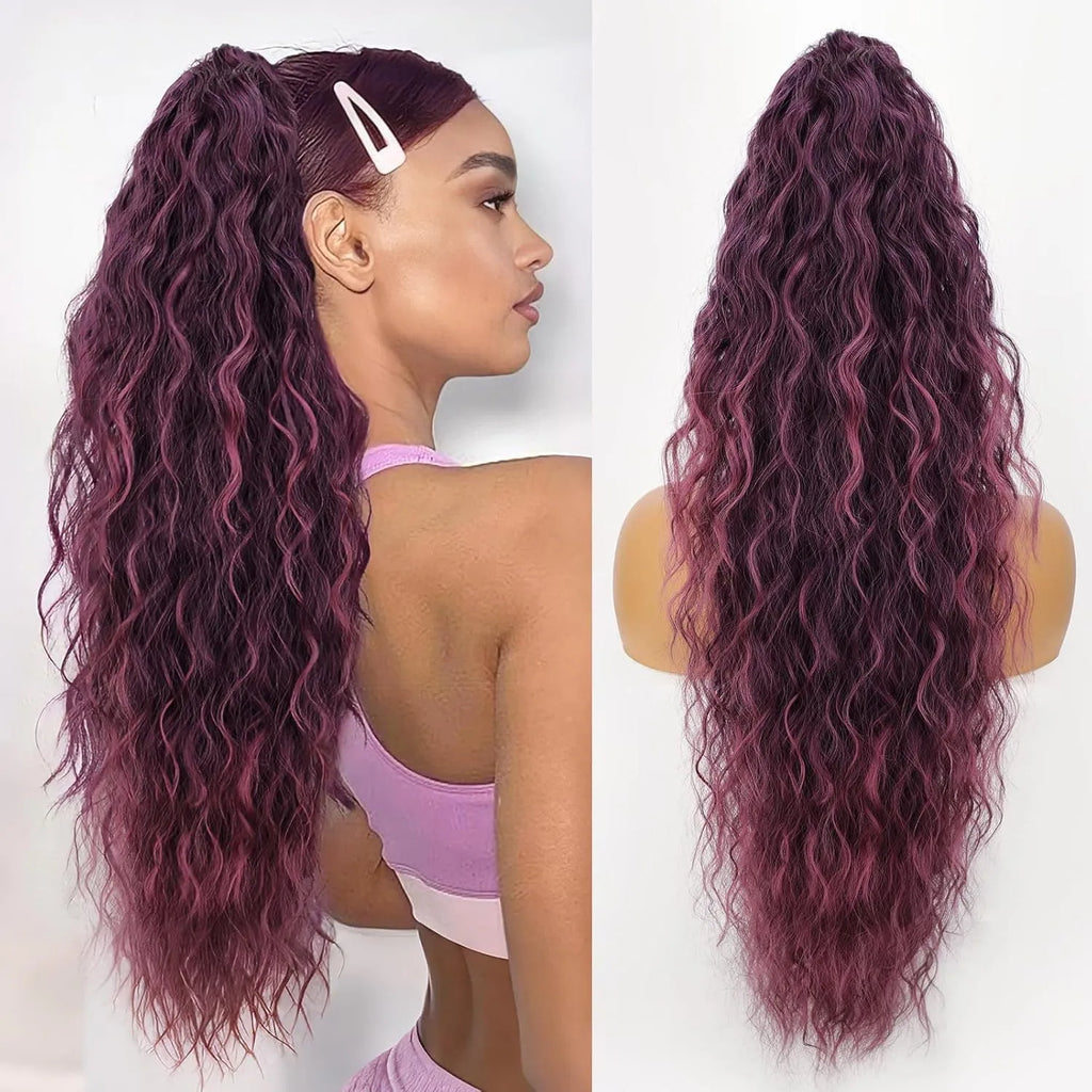 Long, fluffy curly synthetic ponytail wig in a high temperature fibre, shown in a 30-inch length.