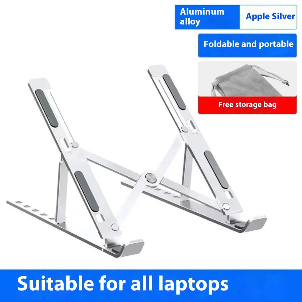 Silver aluminium alloy laptop stand holding a notebook, shown folded flat next to its cloth storage bag.