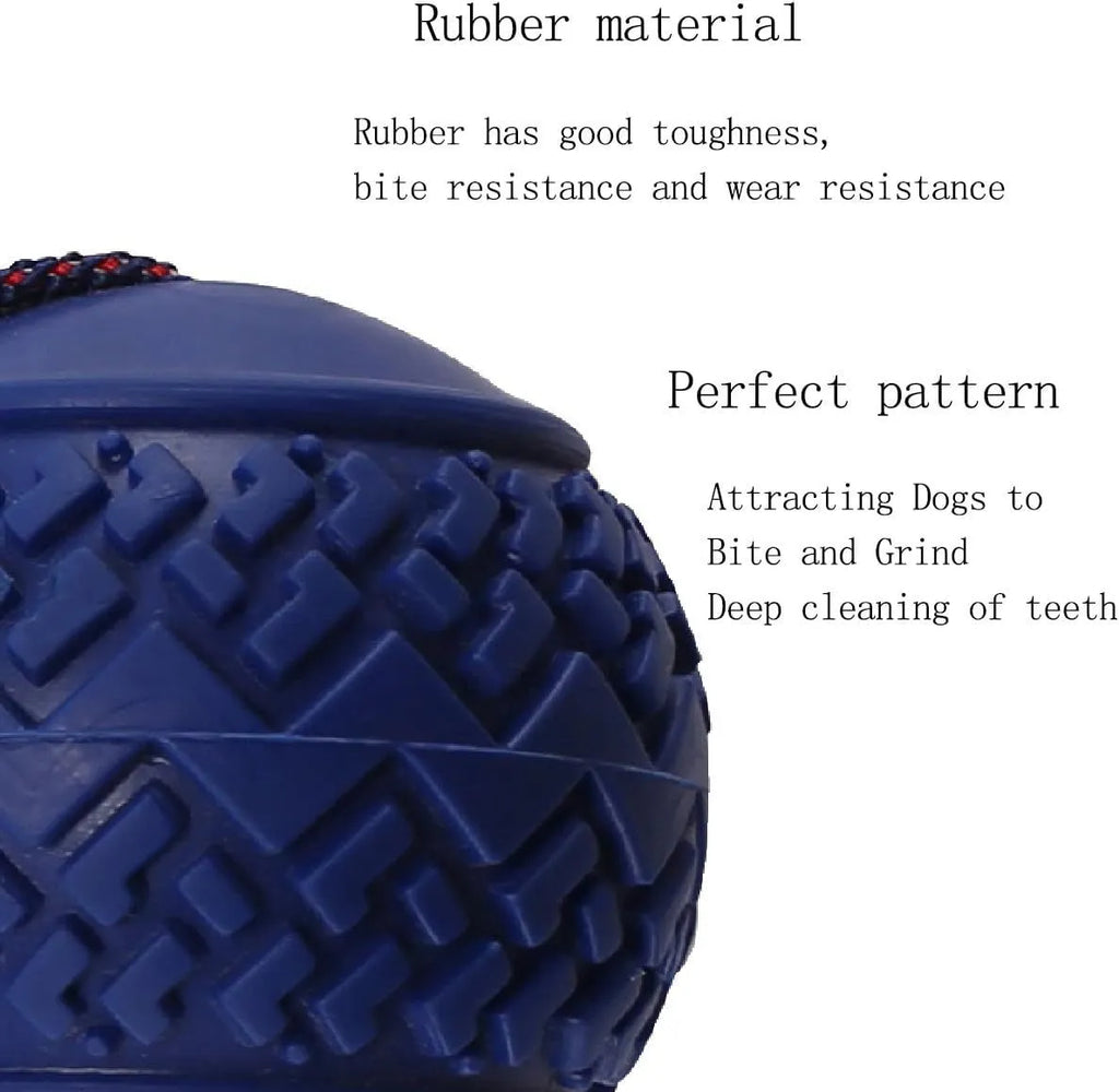 Blue and red natural rubber dog ball with attached rope for tug-of-war and teeth cleaning