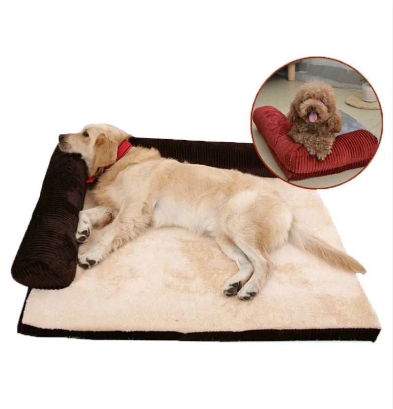 Corduroy dog sofa bed with bolster sides on a wooden floor, showing grey colour option in large size.