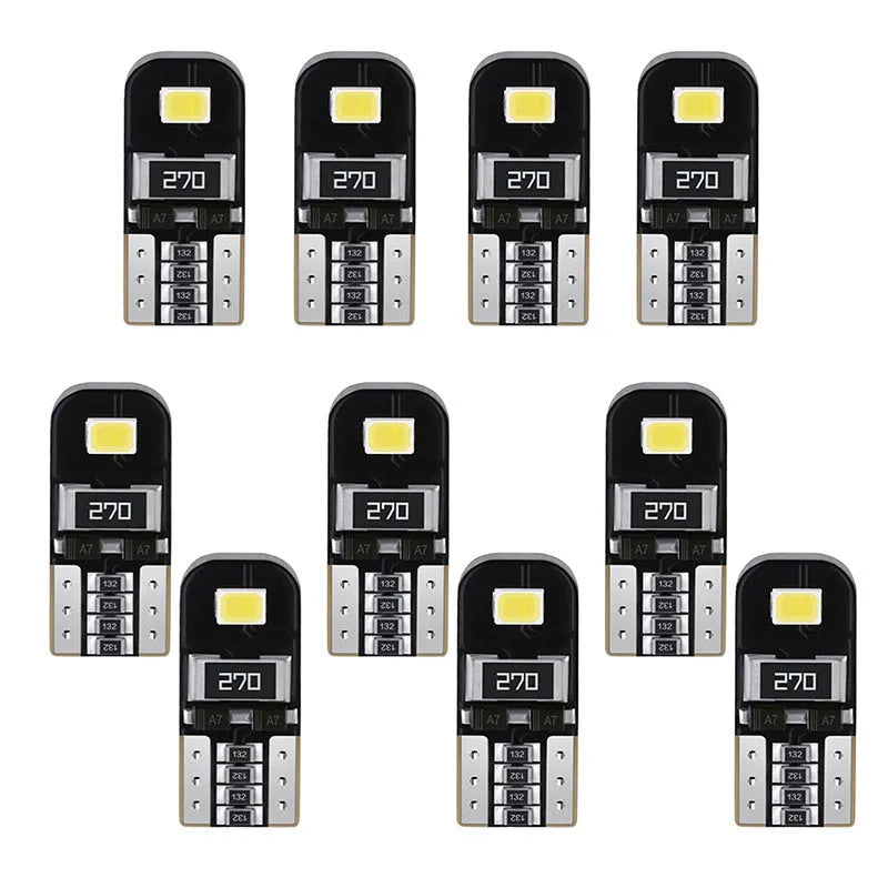 T10 W5W 2W white LED car light bulb with circuit board construction and waterproof rating
