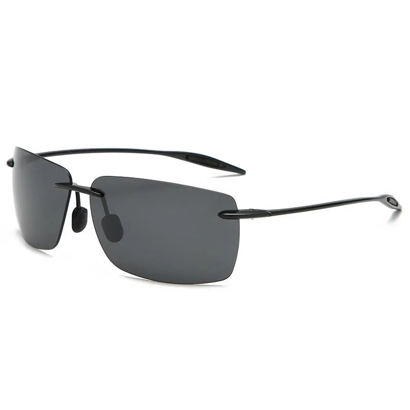 Rimless TR90 men's sunglasses with TAC UV400 lenses, shown in Black, Blue, Green, Grey, and Tea colour options.