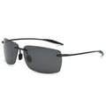 Rimless TR90 men's sunglasses with TAC UV400 lenses, shown in Black, Blue, Green, Grey, and Tea colour options.