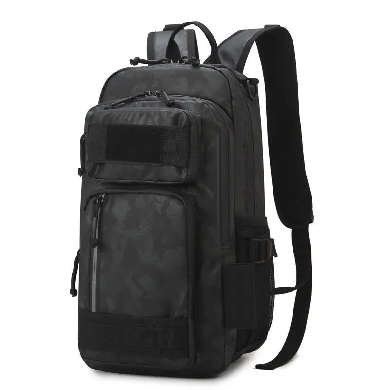 Large Derm outdoor backpack in black, shown with 20-35L capacity suitable for hiking and camping.