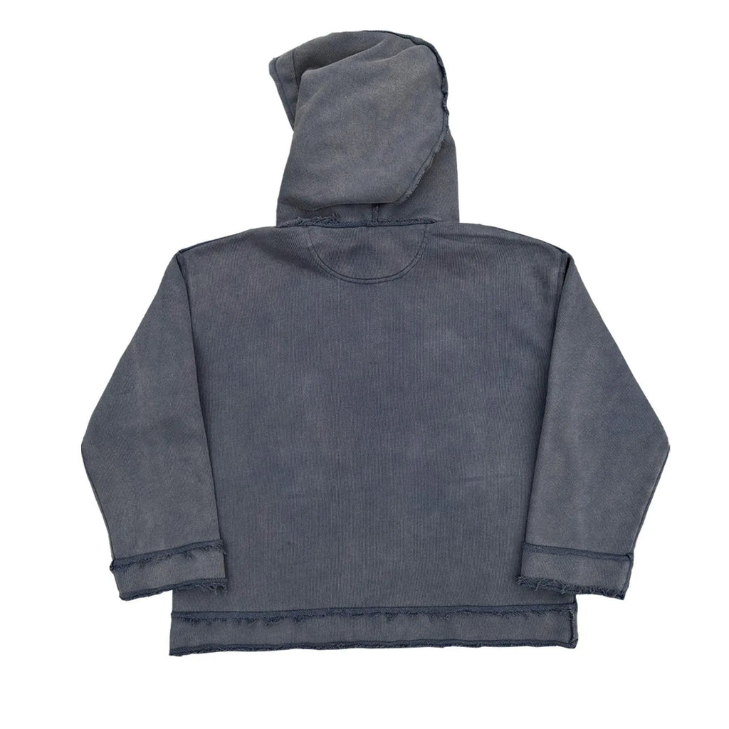 Man wearing a dark blue hoodie sweater, showing front view.
