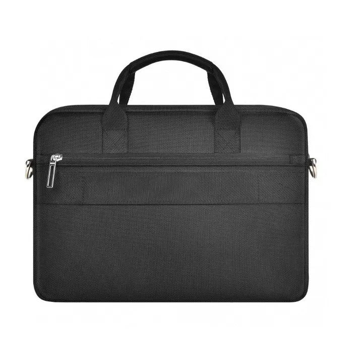 Black Oxford cloth laptop handbag with multiple compartments shown open, displaying organised storage for a 15.6-inch computer.