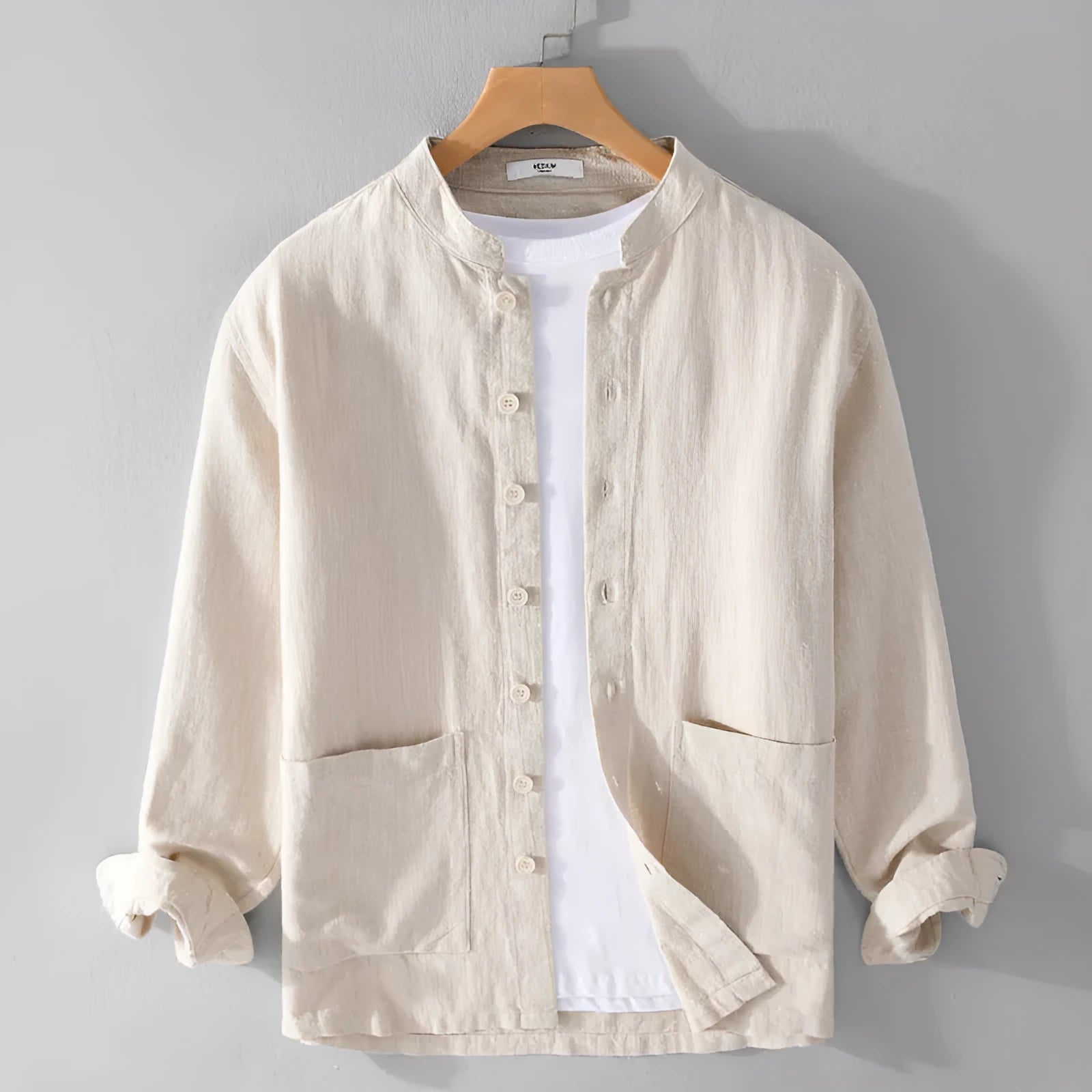 Men's retro stand collar Chinese knot button shirt coat in khaki loose fit cardigan