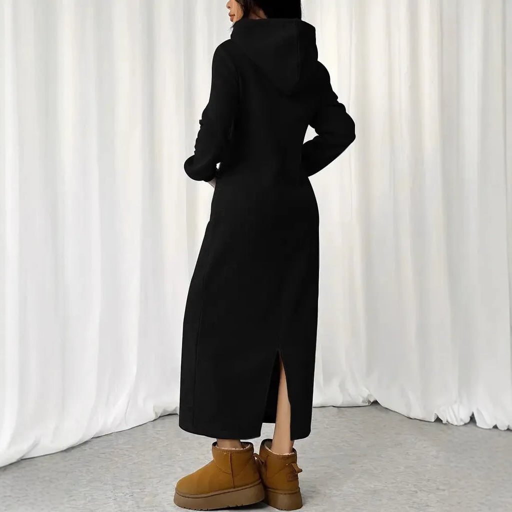 Women's casual long sleeve hoodie dress with drawstring waist and side pockets in solid colour