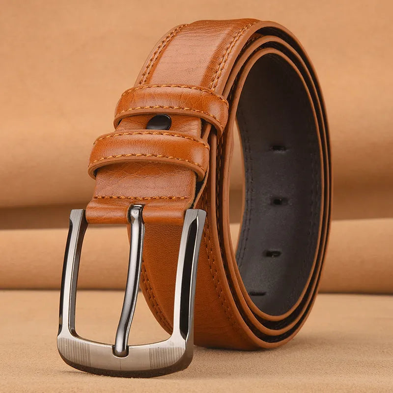 Men's pin buckle cowhide belt in black with alloy buckle and patent leather finish