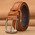Men's pin buckle cowhide belt in black with alloy buckle and patent leather finish