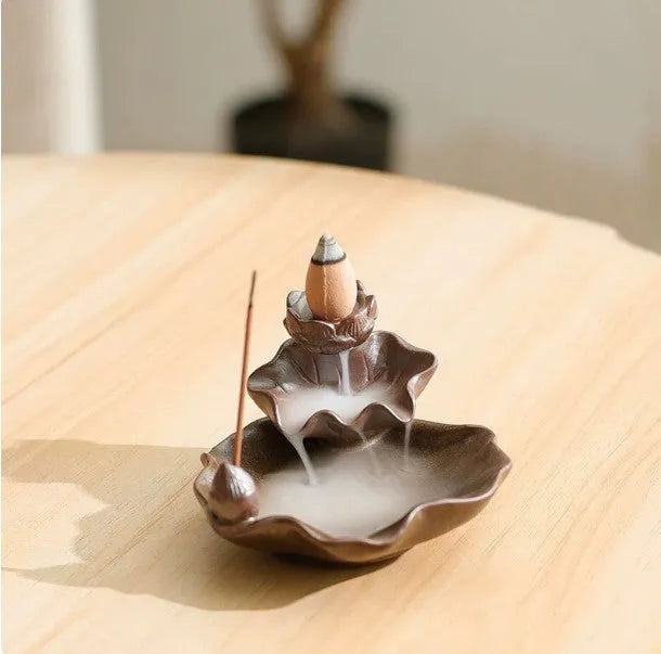 Square purple clay ceramic reverse flow incense burner with lotus and plum blossom good luck patterns