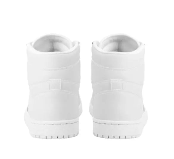 White high-top lace-up basketball shoes with artificial PU upper and rubber sole on display