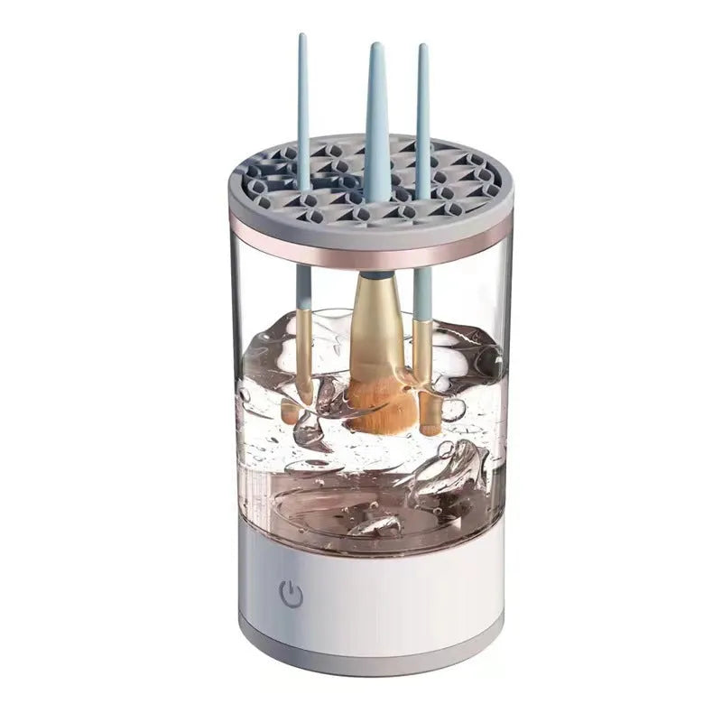Electric makeup brush cleaner in grey and white with brush inserted, 17x9x9 cm, USB charging