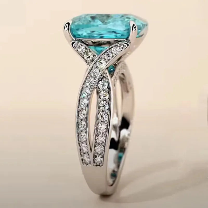 Blue cubic zirconia square women's fashion ring on adjustable metal band