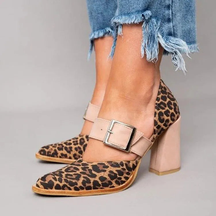 Women's leopard print pointed toe high heel sandals with belt buckle detail in suede upper