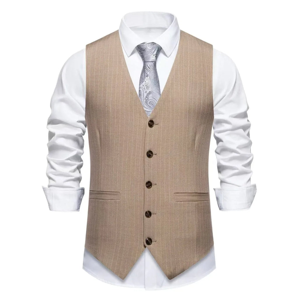 Men's striped suit vest in a choice of colours, showing miter hem and chest pocket detail.