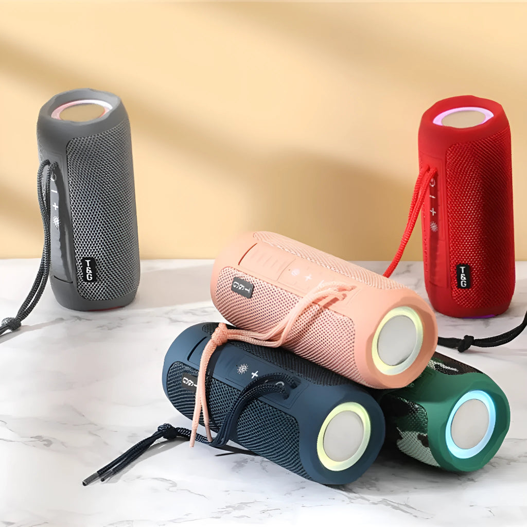 Portable waterproof LED Bluetooth speaker with TF card slot in black colour showing controls and speaker grille