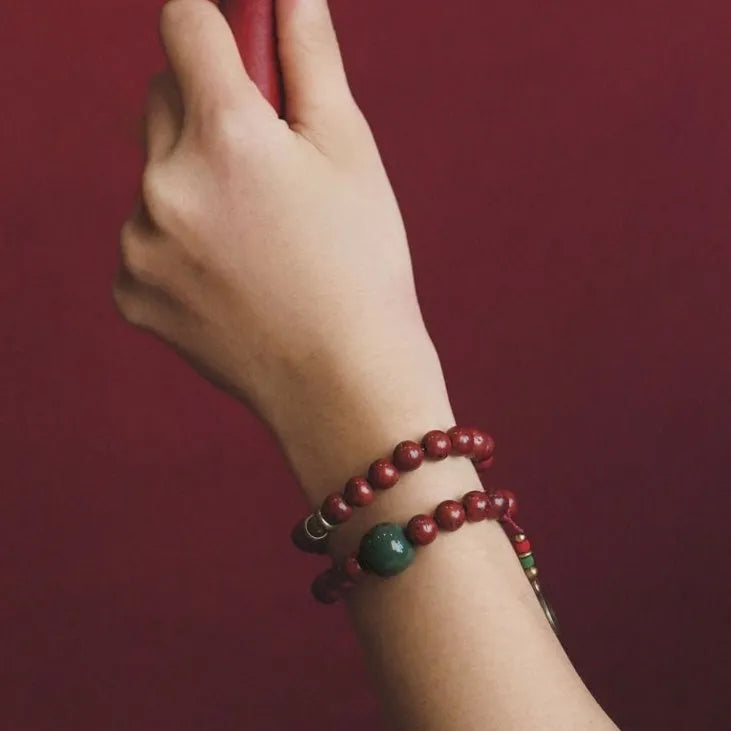 A handmade double circle bracelet crafted from natural bodhi seeds in a retro cartoon style.