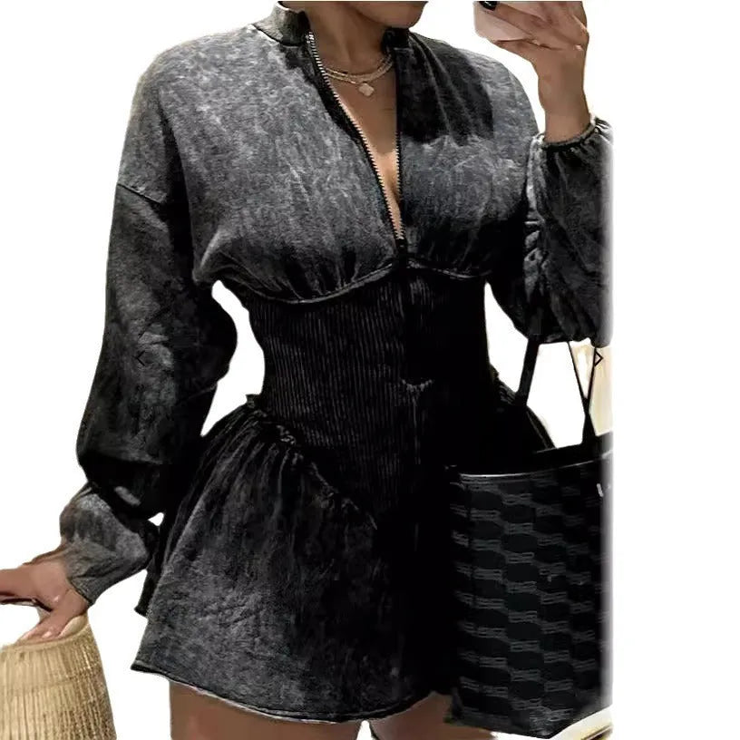 Grey digital print women's dress with drawstring waist and slim-fit A-line silhouette