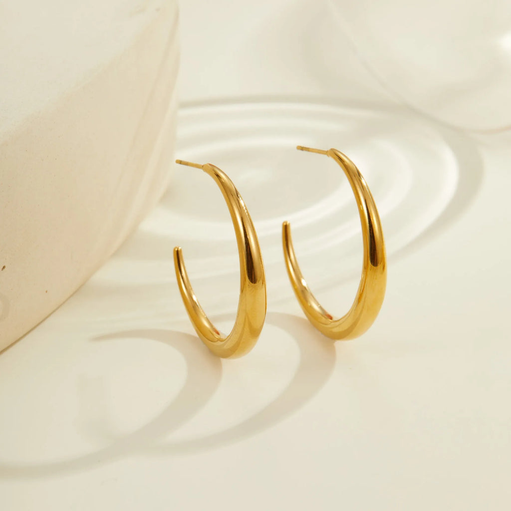 Geometric titanium steel hoop earrings for women in gold and steel finishes with round design elements