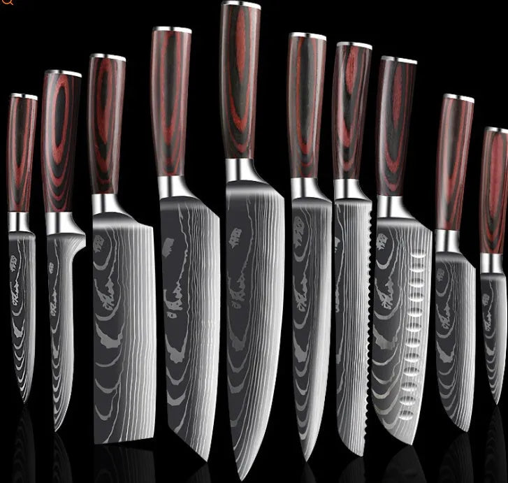 7Cr17 stainless steel kitchen knife with Damascus pattern blade and coloured wood handle on a cutting board.