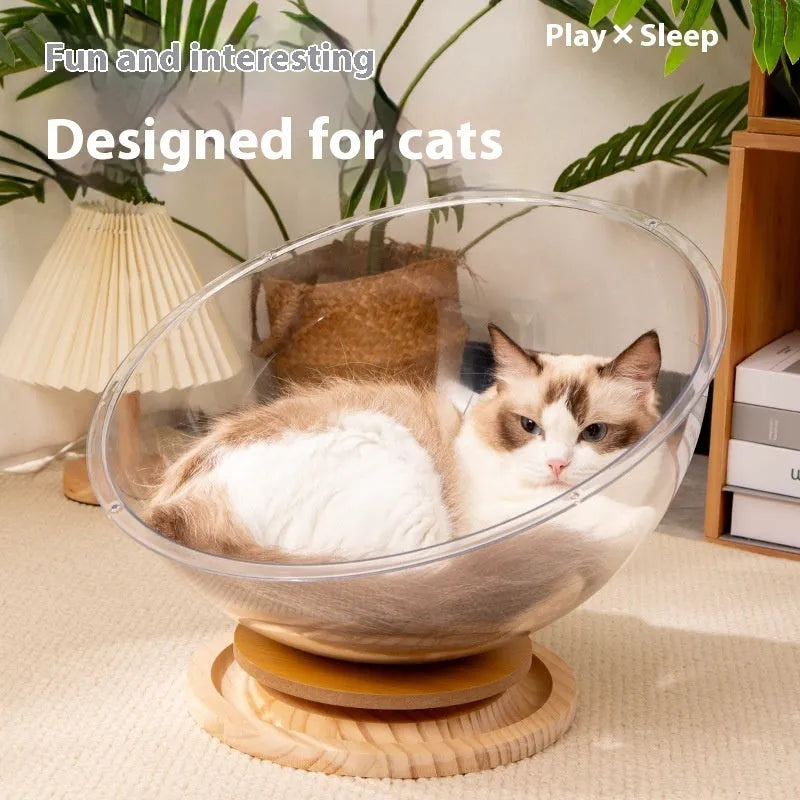 Transparent acrylic space capsule cat bed with a turntable base on a wooden floor.