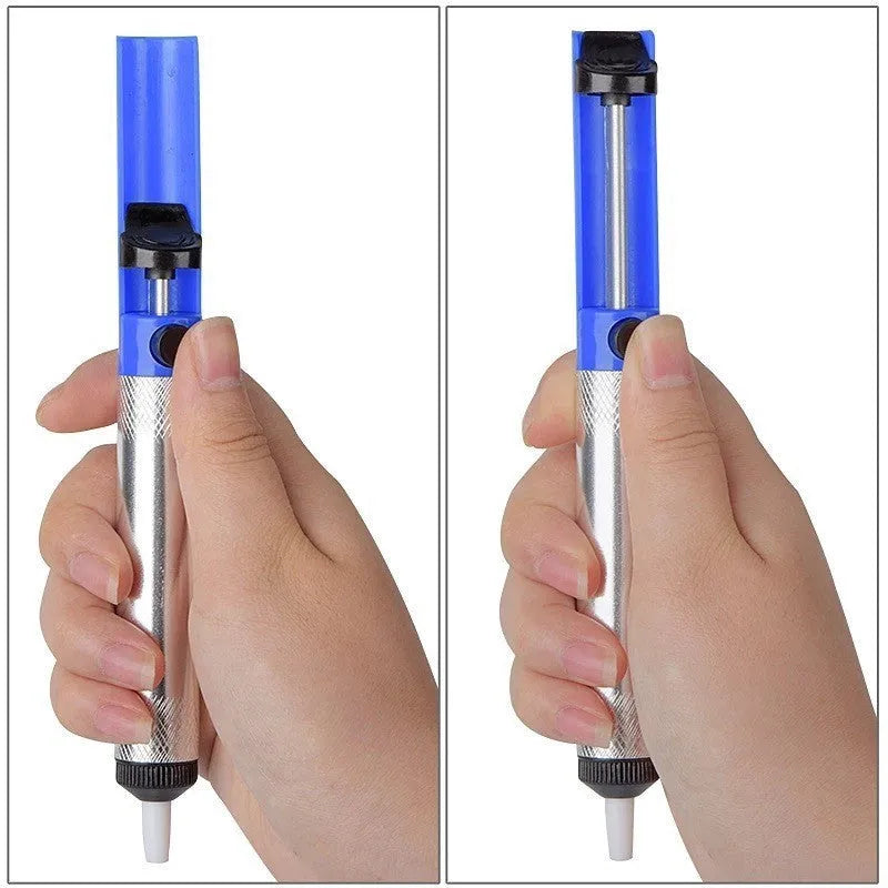 Manual tin sucker with ABS and aluminium body, blue finish, for solder removal during welding disassembly