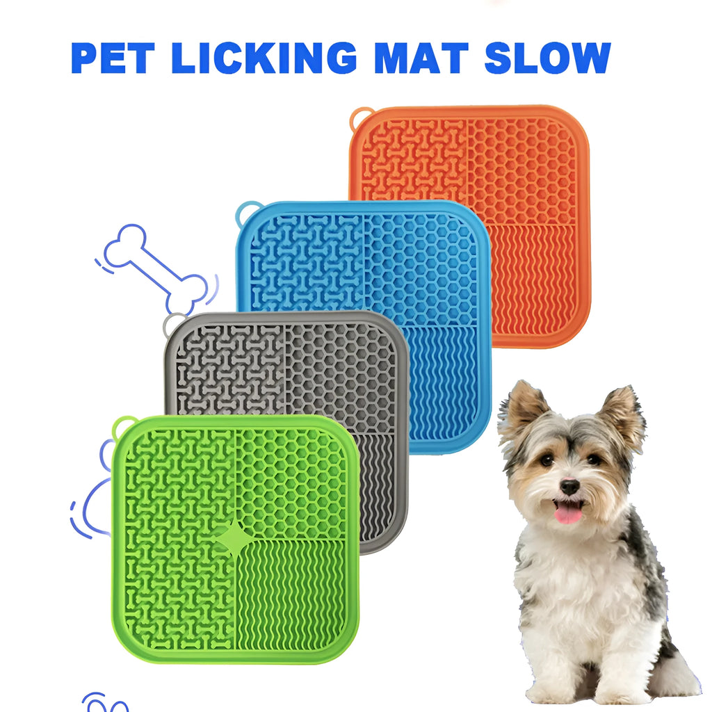 Square orange and grey silicone dog licking mat with textured surface and suction cups on the back.