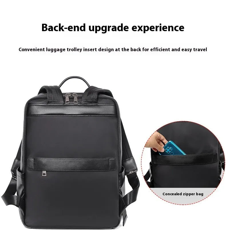 Black genuine leather computer backpack with 36-55 litre capacity and physiological curve back plate