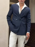Men's striped double-breasted polyester blazer on hanger showing regular fit design