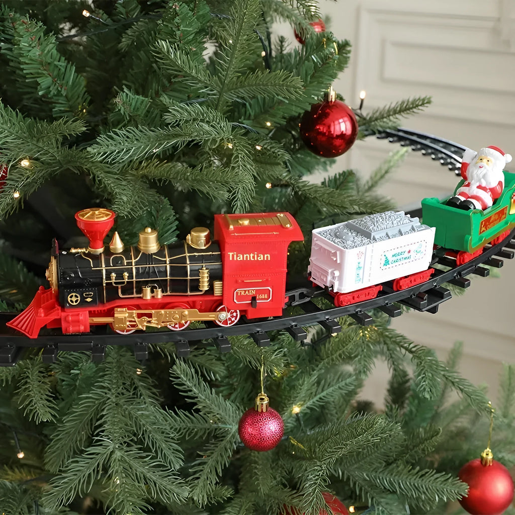 Christmas train hanging rail car electric decorative toy set with plastic construction in retro style
