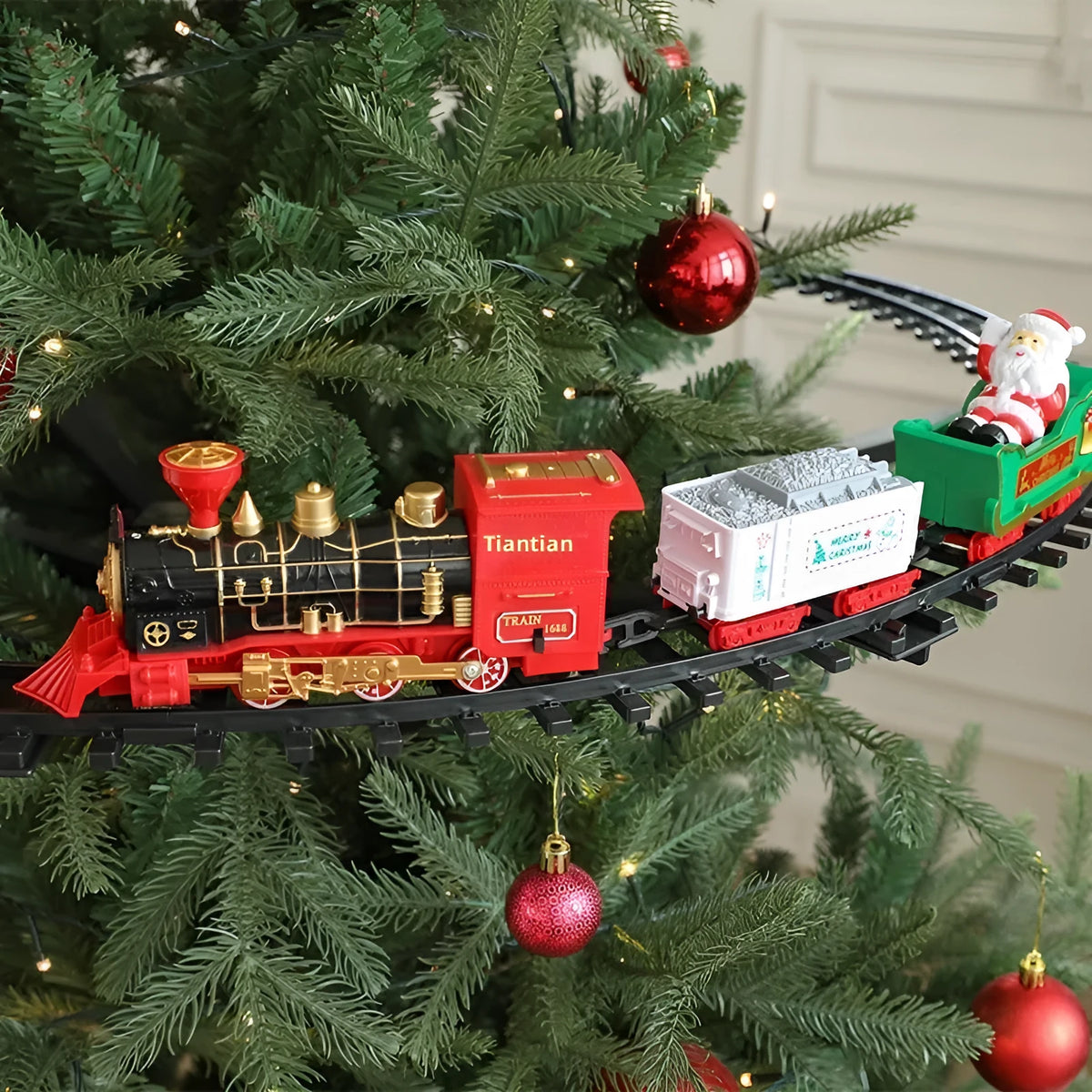 Christmas train hanging rail car electric decorative toy set with plastic construction in retro style