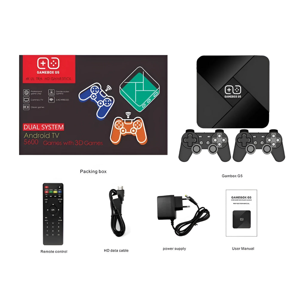 G5 Game Box Jingchen 905L TV game machine with two handles, HDMI cable, 24 x 18 x 7 cm plastic body