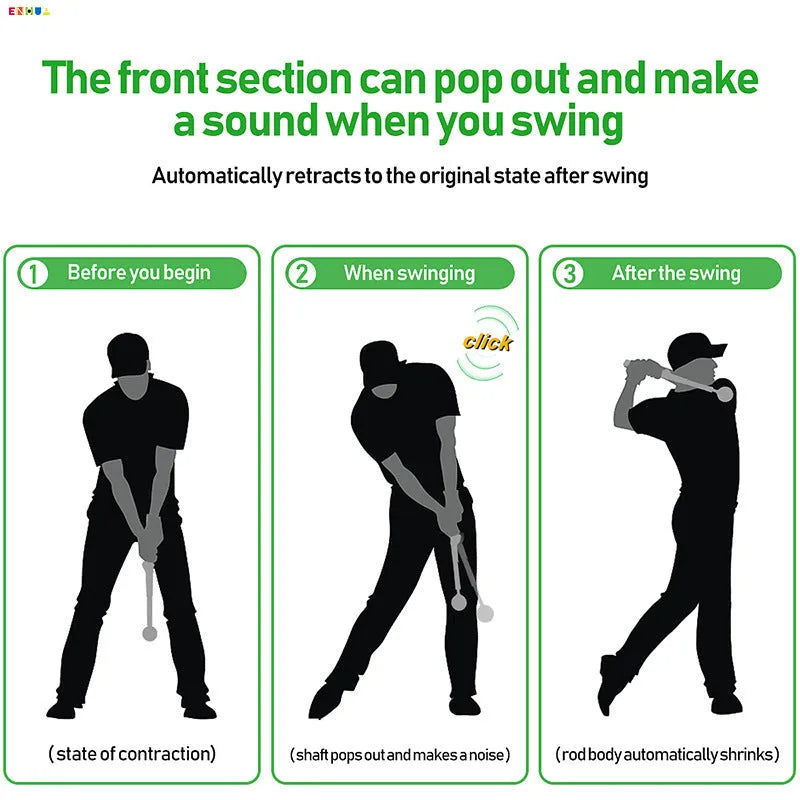 Telescopic stainless steel golf swing trainer in black, extended for practice.