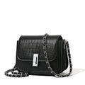 Women's black soft PU chain shoulder bag with square shape and cross-body strap.