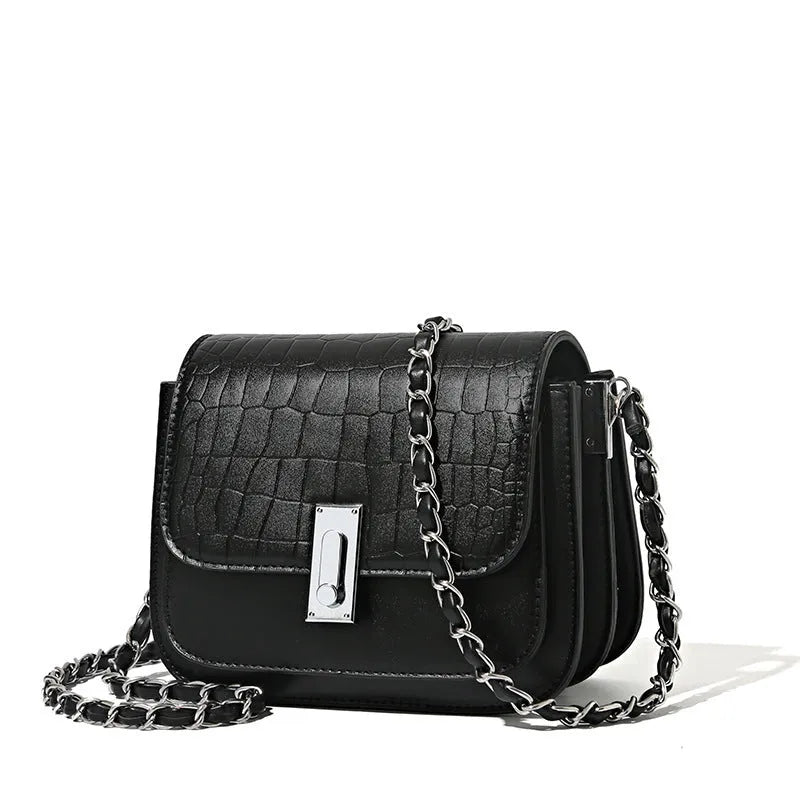 Women's black soft PU chain shoulder bag with square shape and cross-body strap.