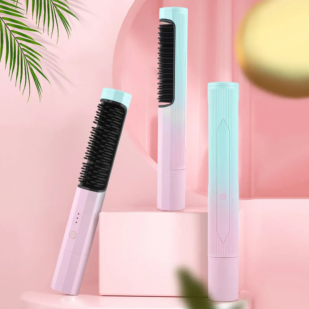 Cordless straightening comb in pink with anti-scald design, 4000mAh battery, and USB charging cable