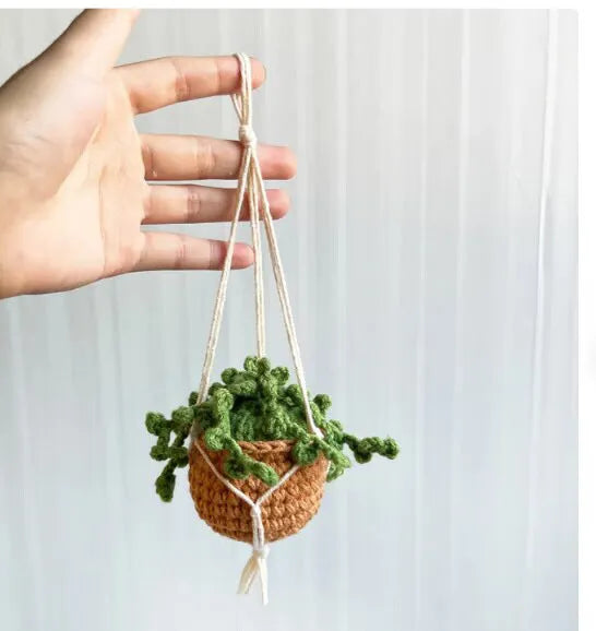 Green and white knitted car plant ornament with 8cm basin base and hanging rope for vehicle interiors